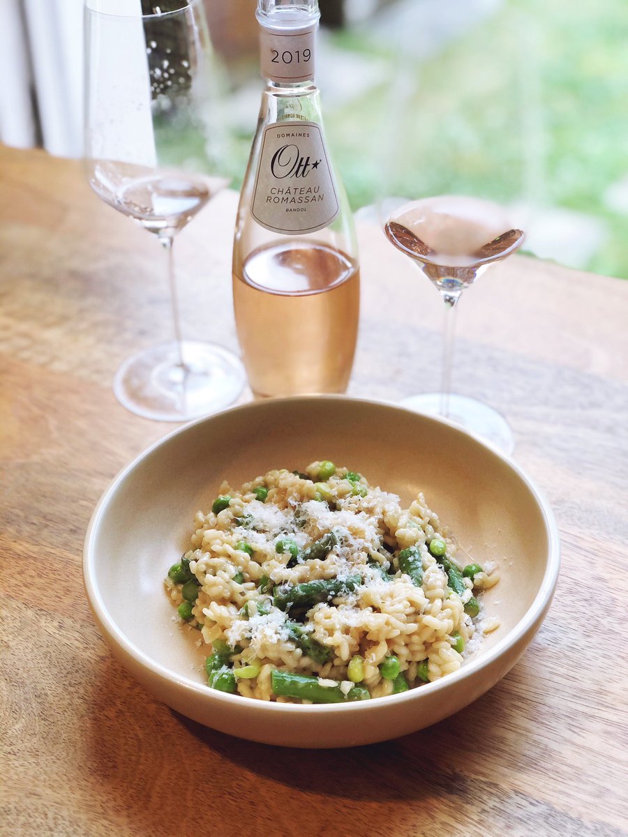 Lenkster's tweet photo. Spring pea and asparagus risotto and a half bottle of Domaine Ott Bandol rose. Great that this comes in halves as it is just the right amount after a bit of cocktail action. #rose #bandol #domaineott #halfbottle #wine #frenchwine #springrisotto #rosewine https://t.co/eyjgY7PRaW