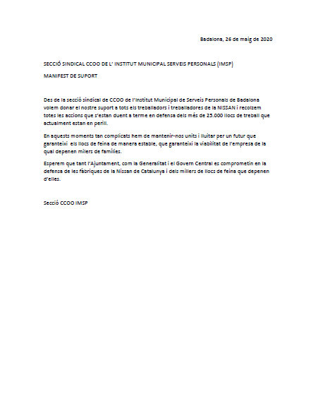 ovihuertas's tweet photo. La secció sindical de CCOO de l'IMSP #Badalona dona suport a la Vaga indefinida dels treballadors i treballadores de @Nissan #FuturoParaNissanYA 
#FuturPerNissanJA #TodosSomosNissan
@ccoocatalunya @ccoonissan https://t.co/T1F2Z7JLDU
