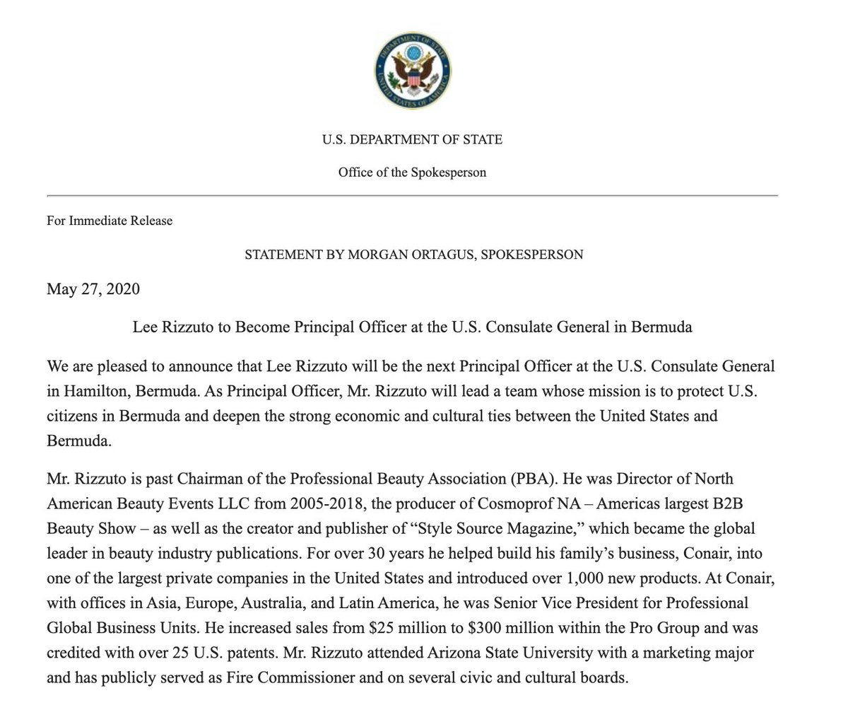 The US just appointed the guy who inherited the Conair hairdryer dynasty to be the top US diplomat in Bermuda(unrelated and by pure coincidence he also donated nearly $400,000 to Republican campaigns in 2016  https://www.opensecrets.org/donor-lookup/results?cand=&cycle=2016&employ=&name=Leandro+Rizzuto&state=&zip=)