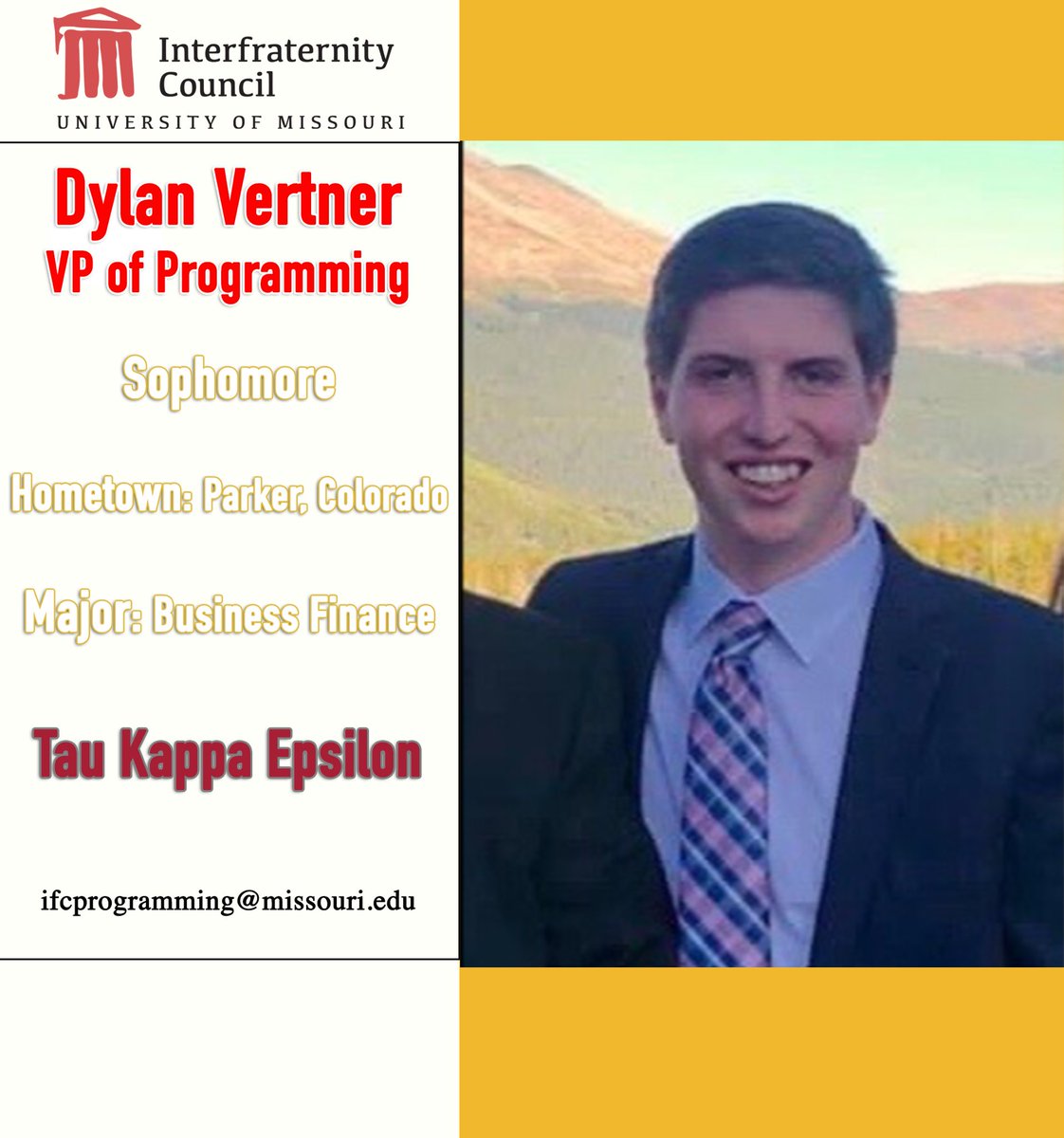 Meet our Vice President of Programming, <a href="/DylanVertner/">Dylan Vertner</a>! Prior to joining the IFC council, Dylan was Tau Kappa Epsilon’s Philanthropy Chair. Responsibilities include creating programs for chapters and members to utilize regarding IFC and community values.