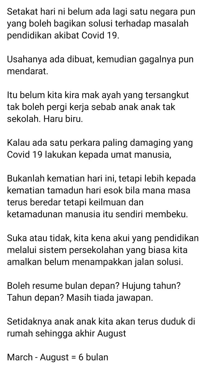 Covid 19 'mematikan' tamadun manusia hari esok bila mana masa terus beredar tetapi keilmuan dan ketamadunan manusia itu sendiri membeku.