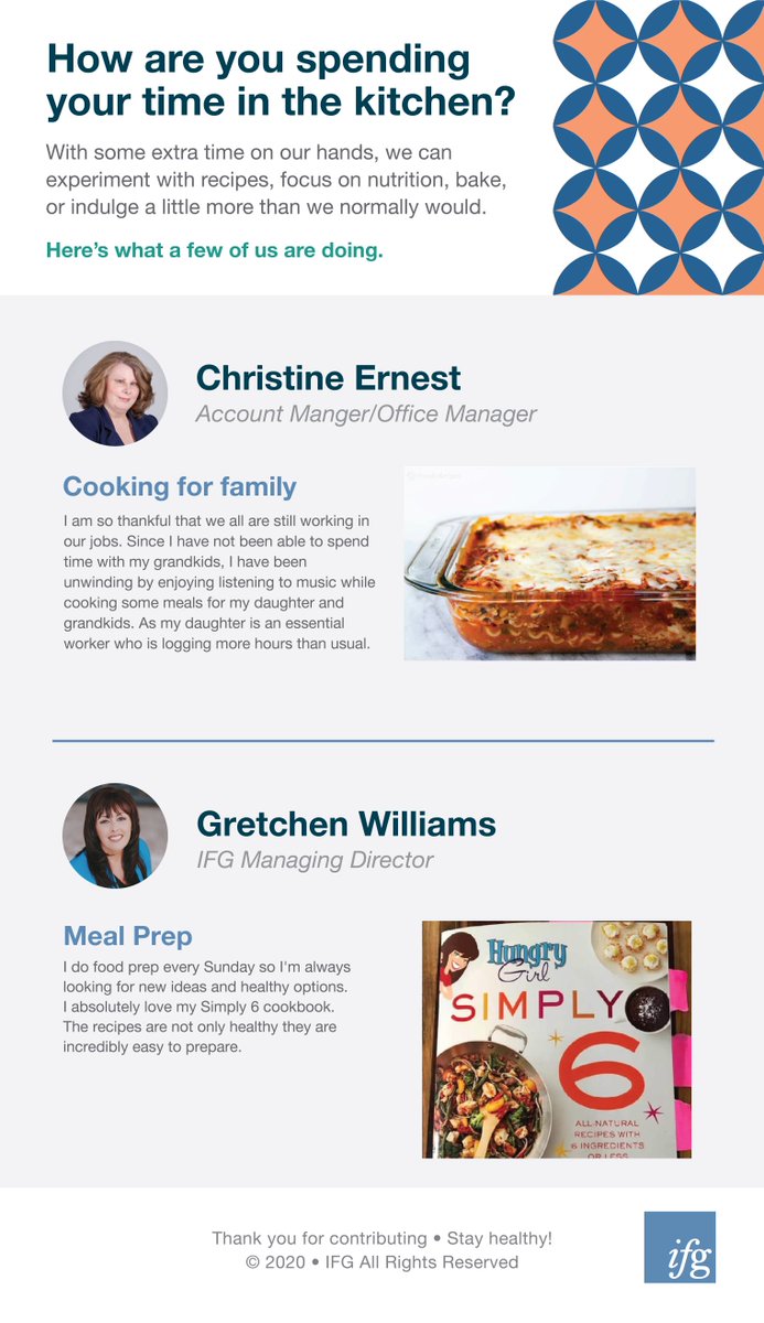 ifishgroup's tweet photo. With some extra time on our hands, we can experiment with recipes, focus on nutrition, bake, or indulge a little more than we normally would. Here's what a few of us are doing. #IFGStayHealthy

https://t.co/3gofQ8XQ47 https://t.co/AwWi7U5xUq