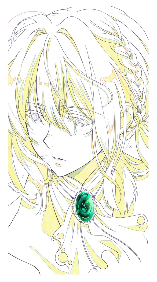 violet evergarden 1girl solo braid jewelry brooch hair between eyes ribbon  illustration images