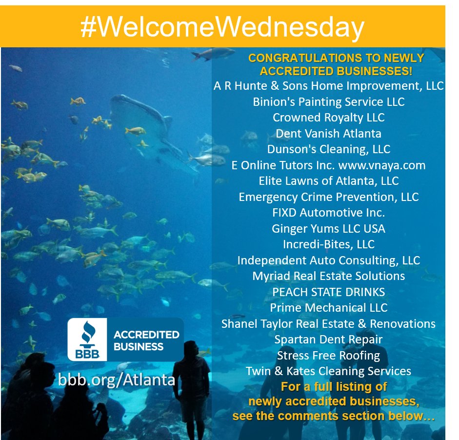 BBBAtlanta's tweet photo. Plenty of fish in the sea, plenty of new Accredited Businesses in the city! #WelcomeWednesday

1st Call Contractors, LLC
A + Caregiver Services LLC
A R Hunte &amp; Sons Home Improvement, LLC
American Dream Cleaning &amp; Sanitation
Appalachian Custom Mechanical Inc. https://t.co/3VWwOUBgl5