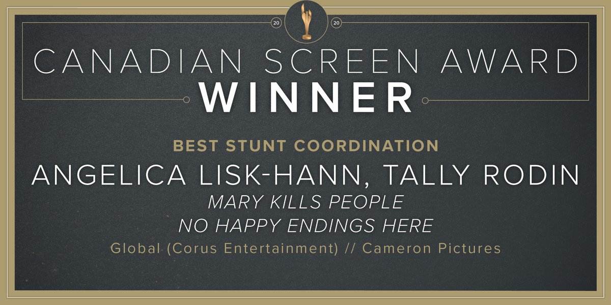 The winners for Best Stunt Coordination are @angelicalisk & @tallyrodin, winners for Best Stunt Coordination for #MaryKillsPeople @GlobalTV @CorusPR @cameronpicstv. Congratulations! #CdnScreenAwards