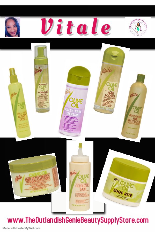 VITALE OLIVE OIL Products!

HAIR PROTECT
HAIR POLISH
HAIR MAYONNAISE
HOLD SPRITZ
FERTILIZING BALM
FRIZZ SERUM
FOAM WRAP
EDGE RITE

Link to view all Vitale Products: …eoutlandishgeniebeautysupplystore.com/vitale

#vitaleproducts
#theoutlandishgenie 
#bossup
#stylistsolutionspro