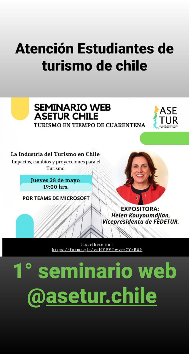ASETURChile's tweet photo. Atención Estudiantes de Turismo de Chile

1° Seminario WEB @ASETURChile https://t.co/PLJZNweXdb