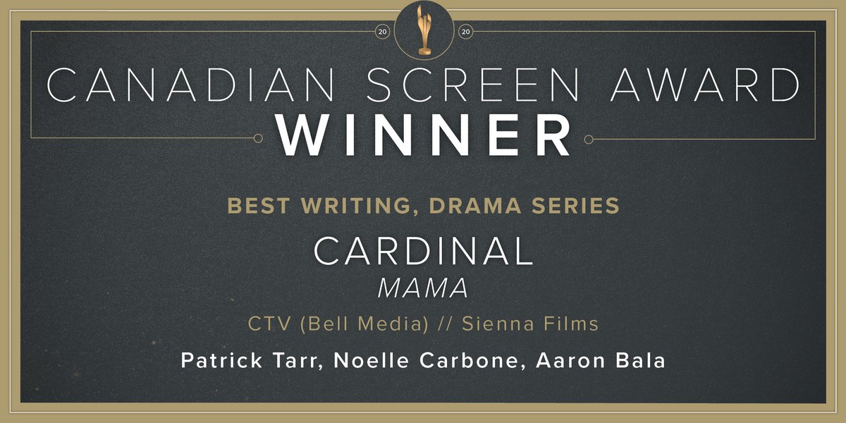 TheCdnAcademy's tweet image. Congratulations #PatrickTarr, @noelcarbs &amp;amp; @aaronbala, winners for Best Writing, Drama Series for @CardinalCTV @CTV @BellMediaPR @CTV_PR @sienna_films. #CdnScreenAwards