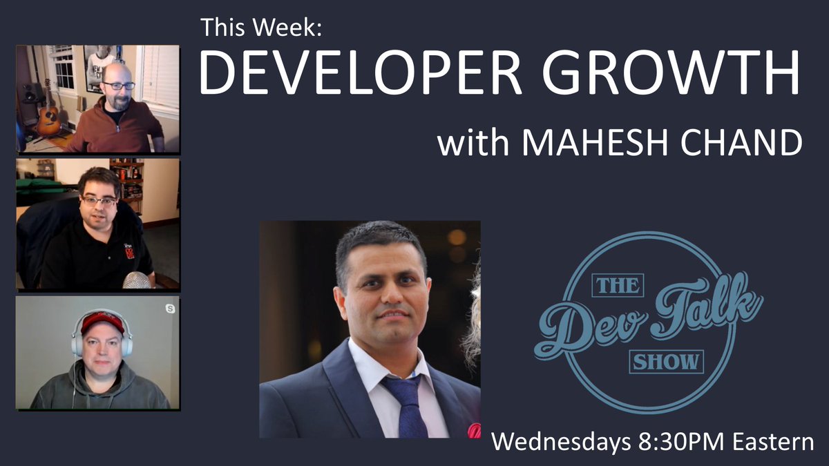 thedevtalkshow's tweet image. Tonight 8:30 PM Eastern - Tune in for a fun conversation with @CsharpCorner founder @mcbeniwal about Paths to Growth and Success for Developers on #TheDevTalkShow! 

twitch.tv/thedevtalkshow
mixer.com/thedevtalkshow
youtube.com/thedevtalkshow

#developers #learning #growth