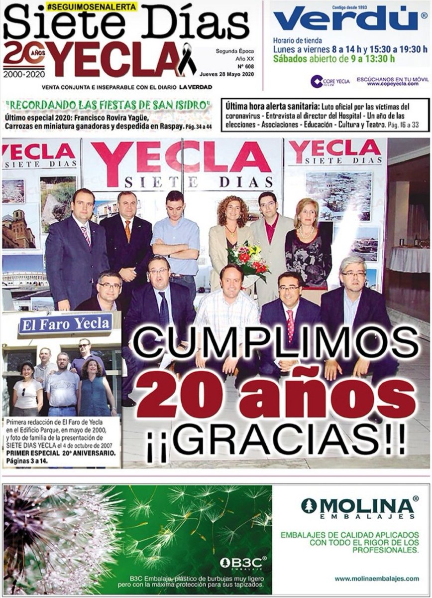 SieteDiasYecla's tweet photo. ¡¡CUMPLIMOS 20 AÑOS!! Jueves 28 de mayo, primer especial 20 Aniversario de nuestro periódico y la última hora sobre la alerta sanitaria. También despedimos las Fiestas de San Isidro viajando a Raspay. En todas las librerías, con el diario LA VERDAD, por solo 1,60€. #YECLA https://t.co/swqqzTabuh