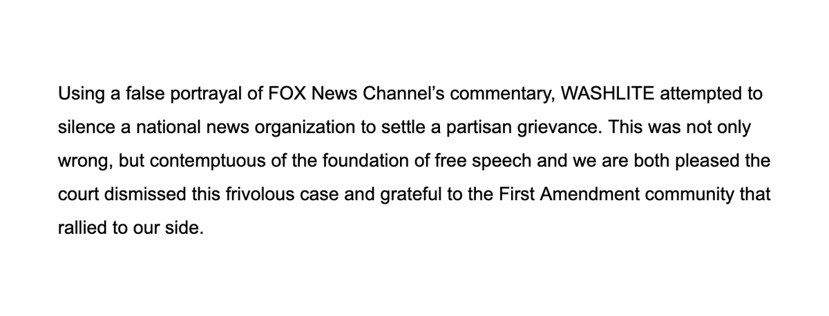 FoxResponse's tweet photo. Fox Corporation’s statement on the dismissal of WASHLITE’s frivolous lawsuit: https://t.co/fmvIdQTciq