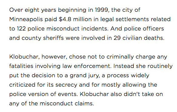 122 misconduct incidents$4.8 million paid out in settlements29 killings by police0 prosecutions by Klobuchar
