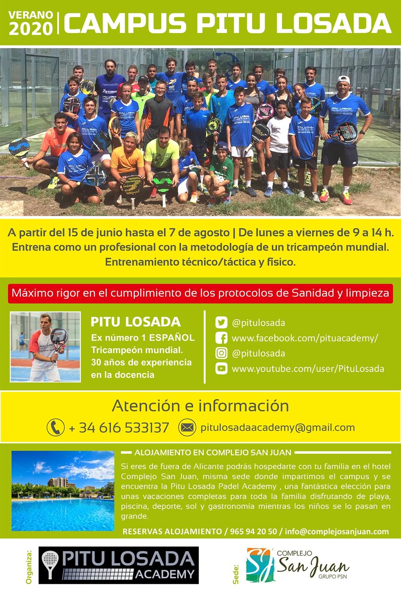 CAMPUS PADEL PITU LOSADA VERANO 2020

Ya se acerca una de las citas más importantes del año de Pitu Losada Academy. 
Este año además contamos con el Hotel Complejo San Juan, una sede espectacular para desarrollar nuestros Campus.