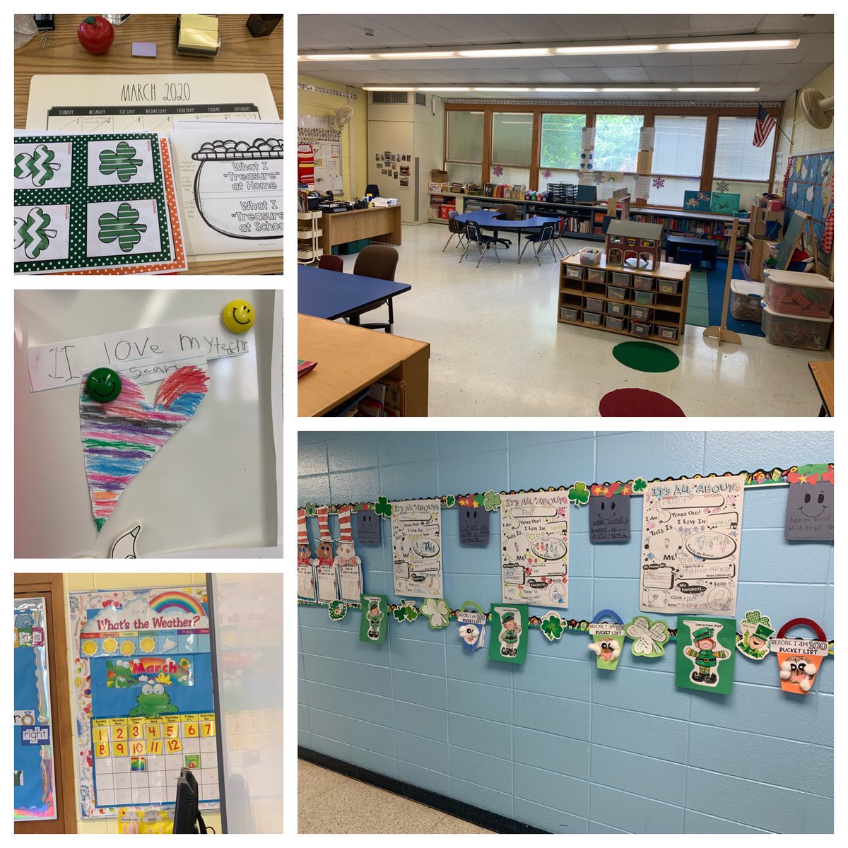 MrsFisco's tweet photo. A classroom frozen in time. I wish the shamrocks were beach balls and end of the year fun. 😢 I miss my school family ❤️ https://t.co/uE3JcUQEK4