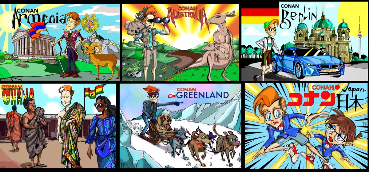 JeremieDuval's tweet photo. Check out #ConanWithoutBorders now on #HBOMax to see Conan’s hilarious trips. Here are some of the art pieces I made over the years. @teamcoco @HBOMax #teamcoco #HBO #latenight @ConanOBrien https://t.co/cWD4d8Hhjm