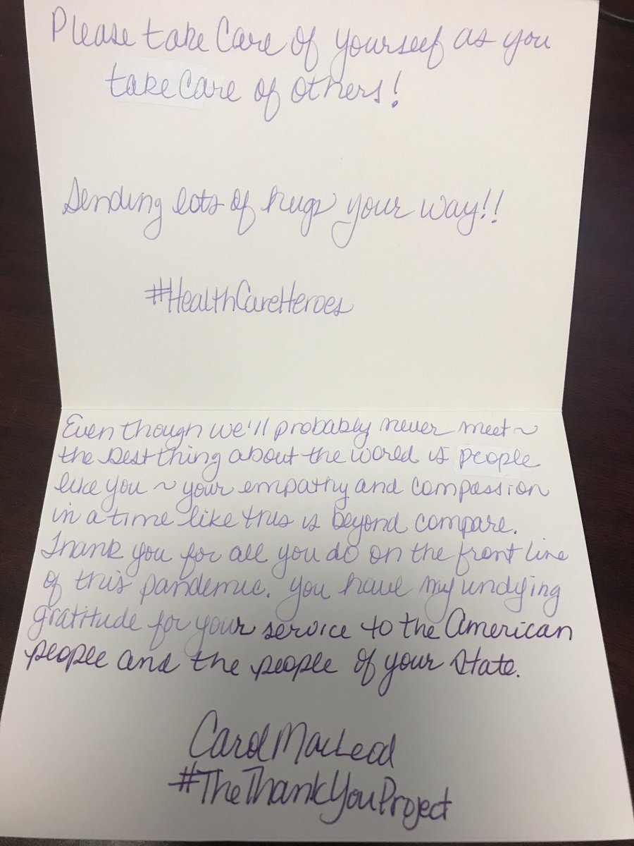 Thank you Carol MacLeod for thinking of us and taking the time to write such a beautiful note! #thethankyouproject #healthcareheroes