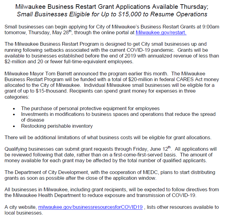 From @MilwaukeeDCD 5.27.20: MKE Business Restart Grant Applications available Thrs 5.28 @ 9am; Small businesses eligible up to $15K to resume operations. Apply: Milwaukee.gov/restart