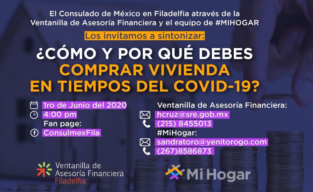 ConsulmexFila's tweet image. La Ventanilla de Asesoría Financiera te invita este 1 de junio a participar en una sesión informativa en Facebook Live sobre cómo comprar una casa en tiempos de #COVID19. 
#VAF #MiHogar