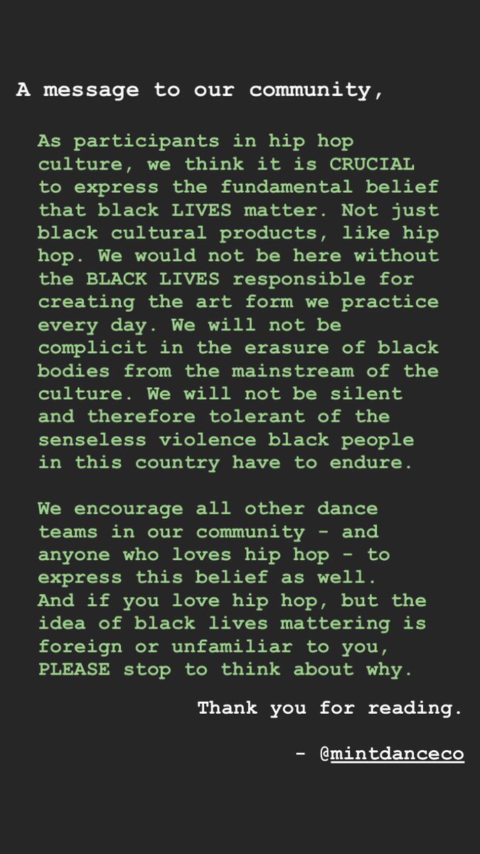 On behalf of my team <a href="/mintdanceco/">Mint</a>, written by me. Black. Lives. Matter.