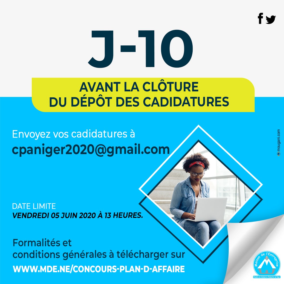 TIC ! TAC ! ⌛️
Envoyez vite vos candidatures pour la #CPA2020 à cpaniger2020@gmail.com. 
Date limite de dépôt des candidatures : vendredi 5 Juin 2020 à 13H.
Formulaire de candidature et conditions générales de participation à télécharger ici 👉🏼 mde.ne/concours-plan-…
