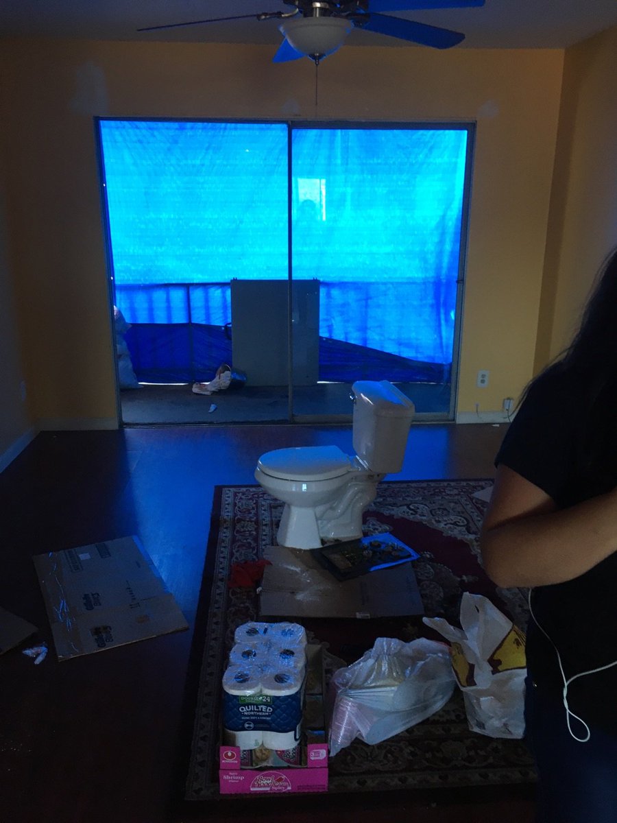 Her building manager had moved her toilet into the living room and removed one of her doors. They had also shut off her power and moved her belongings out onto the curb. 4/11