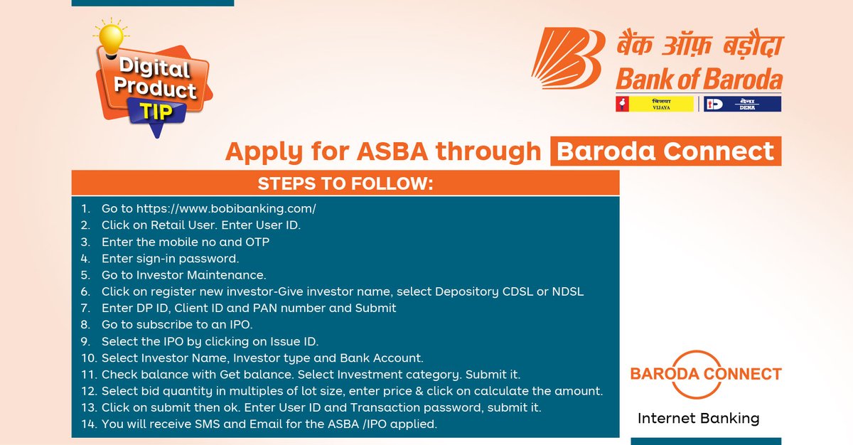 bankofbaroda's tweet photo. Applying for ASBA is now extremely easy. #BankofBaroda helps you apply for it using Internet banking #BarodaConnect. Follow these simple steps for a seamless experience. #DigitalProductTip #GoDigital https://t.co/D0el5Jr5x9