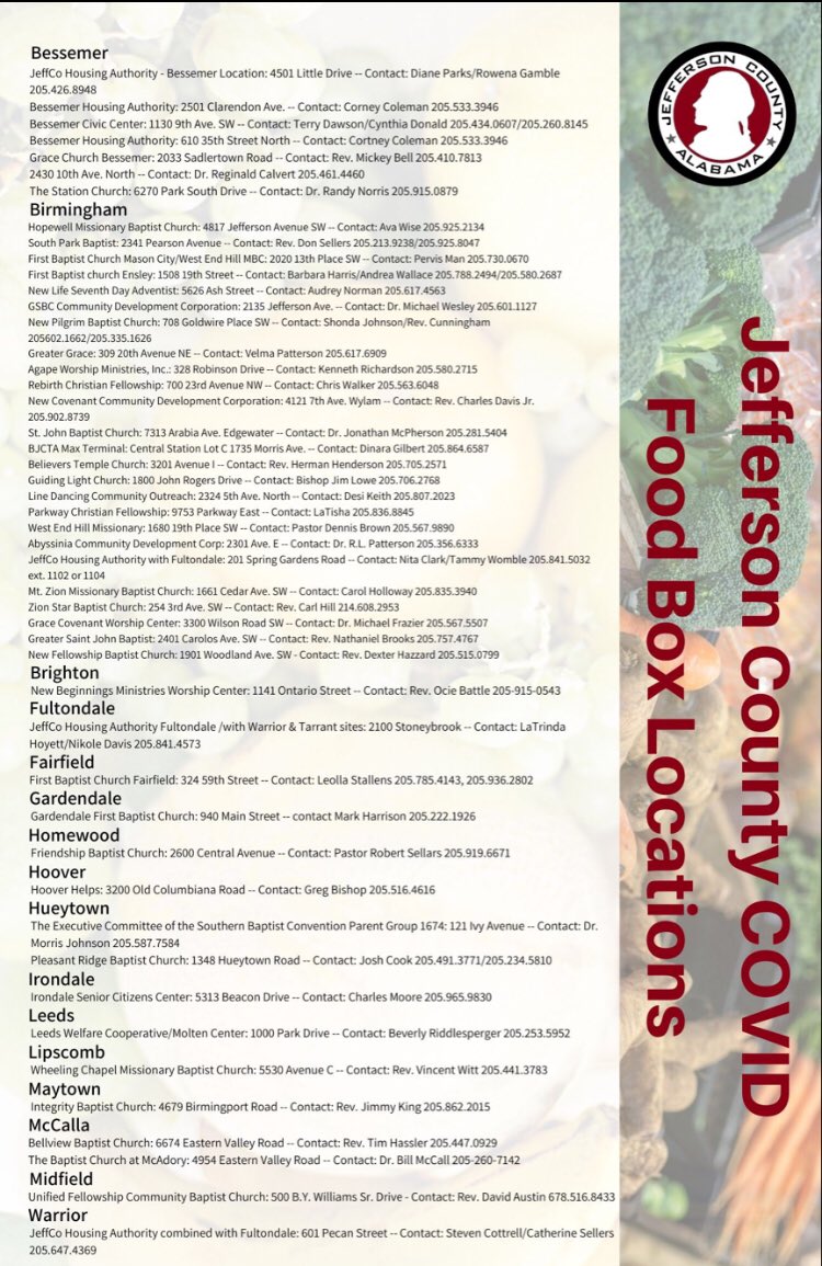 HousingBham's tweet photo. HABD and Section 8 Program families: Here’s the full list of Farmers to Families feeding site locations in Jefferson County. For specific times that food will be available, please call the location near your community. https://t.co/UdqYMpo6ci