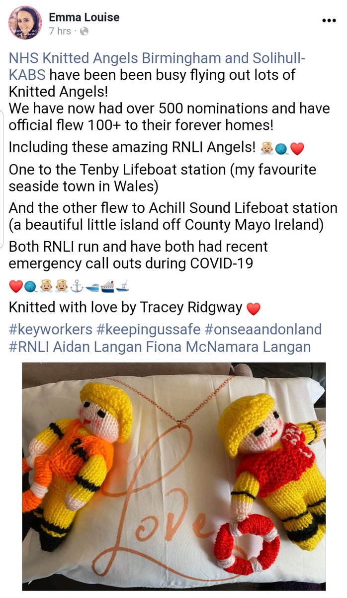 danimoo80's tweet photo. @NhsKabs have been very busy delivering #angelsforangels to 100+ #keyworkers including these amazing fellows #knittedwithlove by Tracey and flew away to #Tenby &amp; #Achill @RNLI stations 💙👼 #staysafe #keepingussafe #onseaandonland @emzys1986 @kjr2508 https://t.co/aMNrtmYLlB