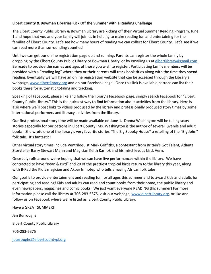 ECPSbullfrogs's tweet photo. The Elbert County Public Library &amp; Bowman Library are kicking off their Virtual Summer Reading Programs on June 1st. Check out the attached letter! #ReadersAreLeaders #growingreaders https://t.co/z57tadbIm0