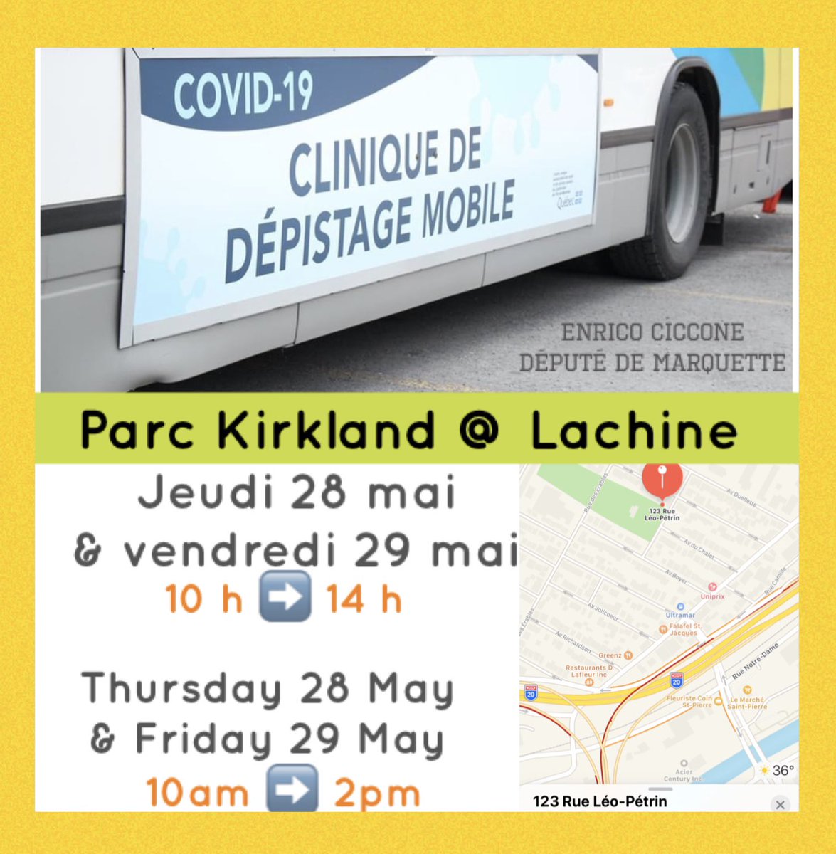 EnricoCiccone's tweet image. 🚨LACHINE🚨
The mobile testing clinic of @ciusss_ouestmtl will be back in Lachine tomorrow in the area of Ville Saint-Pierre : 

👉 Thursday 28 May and Friday 29 May
👉 from 10am to 2pm 
👉 at Kirkland Park (123 rue Léo-Pétrin)   Thank you for sharing!