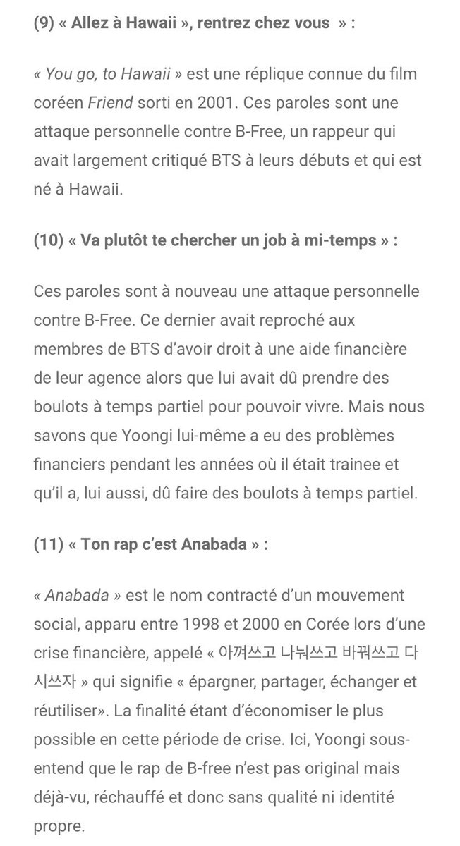 C’est à cette émission que fait référence la rap line ds le Cypher pt2 (Skool Luv Affair) lors du couplet de Suga, en réponse aux propos de B-Free, un des host de la radio[ site d’AF pour la traduction ]Autre ex, les propos de Suprem Boi[ 4Things Show sur Mnet en 2014 ]