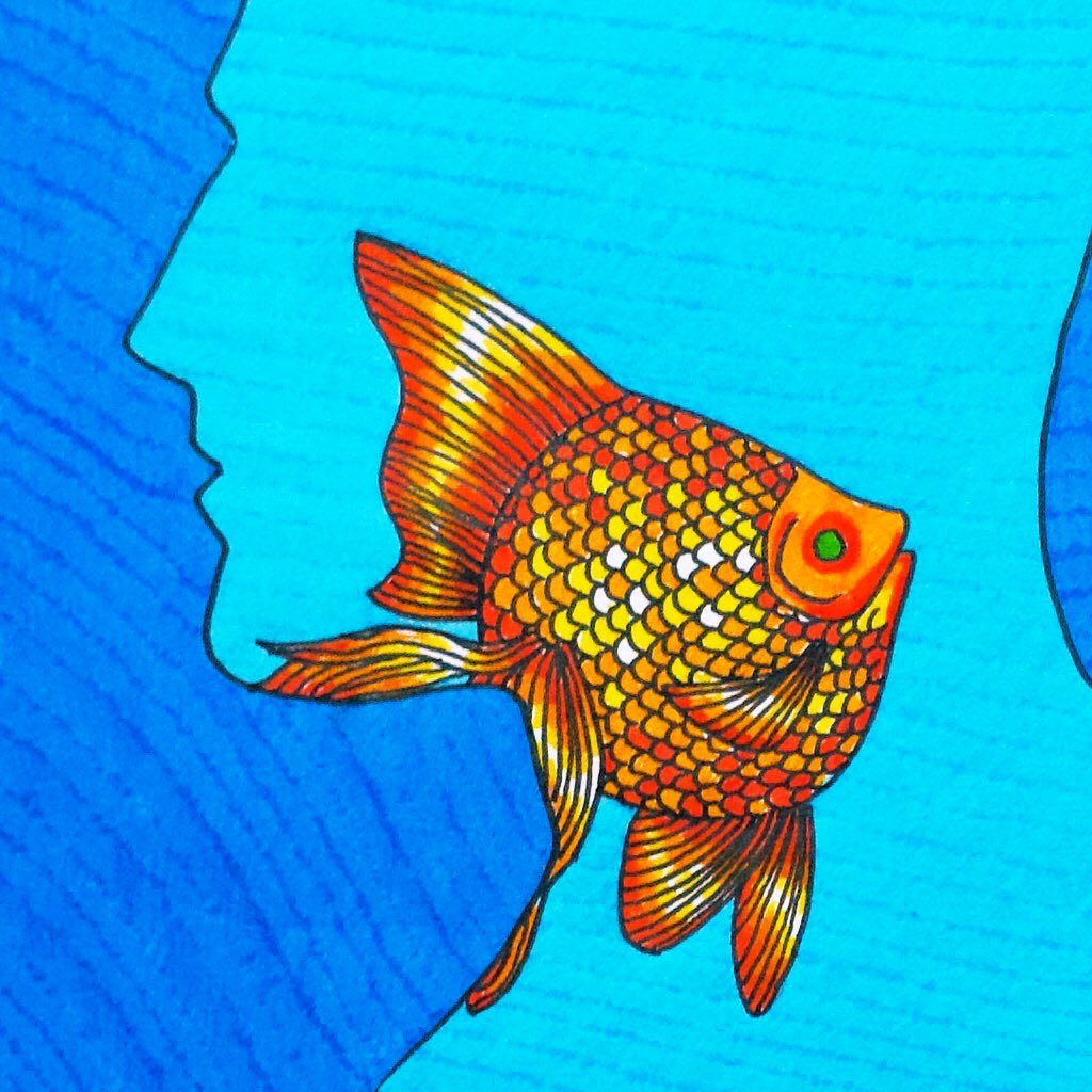 Each work is in ink on paper, or gouache paint on paper, & is approximately A3 sized (11.7 x 16.4 inches; 29.7 x 42cm)Goldfish (2020)