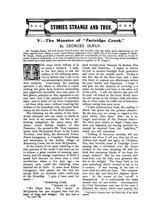 CryptoLoren's tweet image. "The Monster of 'Partridge Creek'" (1908) by French writer Georges Dupuy is pure #cryptofiction set in Canada. @SRBissette calls it a "slice of great northern Yukon territory fiction" involving early "Western/paleontology tales" of still-living dinosaurs. *Fiction!* @CryptoLoren