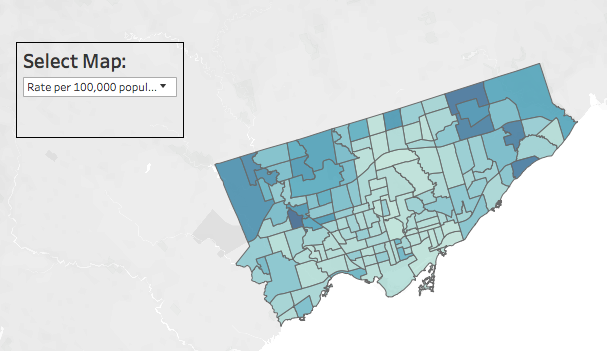 The neighbourhood data shows highest case rates in northwest and northeast areas of the city. The correlation between this map and the city’s income map is striking.