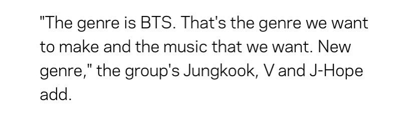 Dps le départ le groupe ne correspond pas pleinement aux codes de la Kpop (qui le leur fait bien savoir) et ne cherche pas à le faire.Cette hybridité a pu engendrer des remises en qu par le passé, mais auj ils l’affirment.[ pour des propos + récents : https://www.grammy.com/grammys/news/bts-talk-new-album-map-soul-7-genre-bts ]