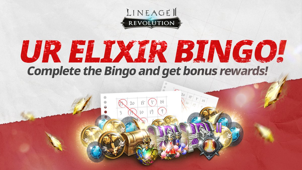 Hail Heroes,

Complete missions, get tickets, play bingo! Participate in our UR Elixir Bingo event to win some great prizes!

Check out our official forums for more info: bit.ly/3c5CUAX

#Lineage2Revolution #Bingo