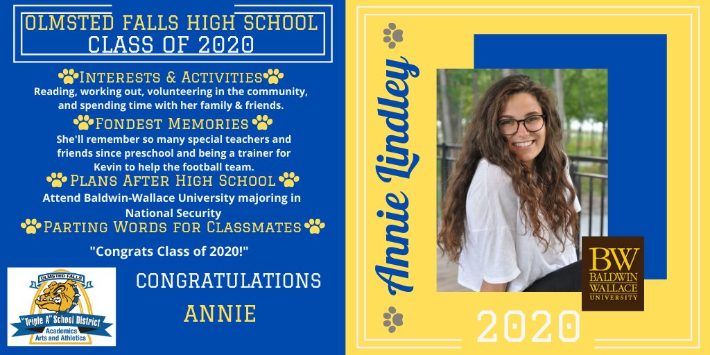 ofhsbulldogs's tweet photo. Senior Spotlight: Congratulations Annie Lindley, a graduating senior from the Olmsted Falls HS Class of 2020. We're proud of you! Good luck! Watch for more spotlights every day in May! @OFCSDistrict @OFHSLeoSpagnola @fallsclass2020 #OFClassof2020 #TheBulldogWay https://t.co/jQX86RkL9J