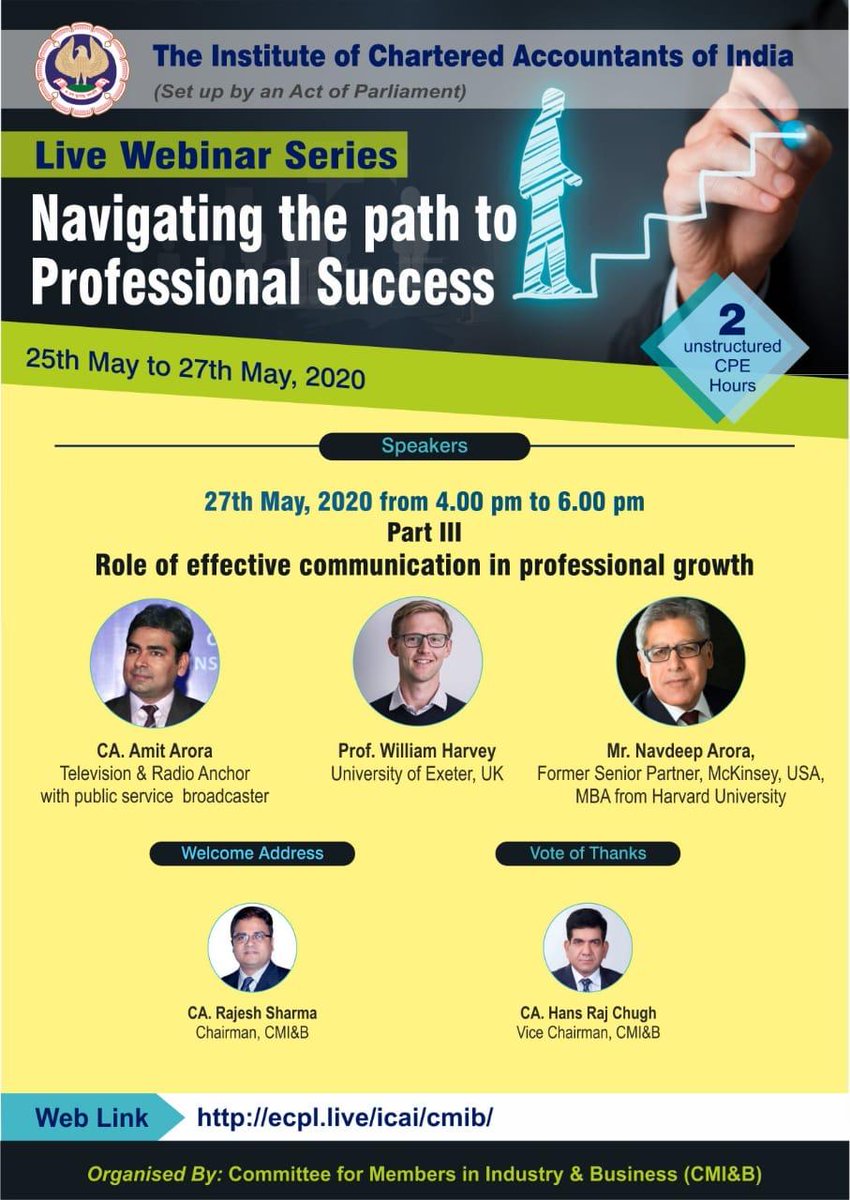 amiamigood's tweet photo. I am grateful to the ICAI, Prof Will Harvey &amp; Navdeep Arora for an enriching discussion on the topic 'Navigating the path to Professional Success' 

Pls find You tube link of the webinar 
https://t.co/3b6jICG9ML

@theicai @willsharvey @InsNavdeepArora 
#Navik #Communication https://t.co/On68RyYPzN