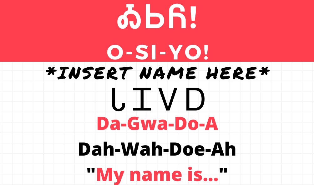 NSUNASC's tweet image. Cherokee Word of the Day:

ᏓᏆᏙᎠ
Dagwadoa - Dah-Wah-Doe-Ah

"My name is..."

It is important to notice the difference in the use of this word. When introducing oneself in Cherokee, a person says their name first and then the word.