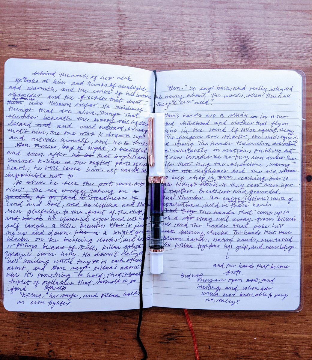 this is from my a fic I already finished but for  #wipwednesday I thought I'd share a lil bit about how I write my first drafts!! Here's my notebook with the beginnings of a few scenes (these are the neater pages for the Aesthetic but it can get reaaaally messy in here )