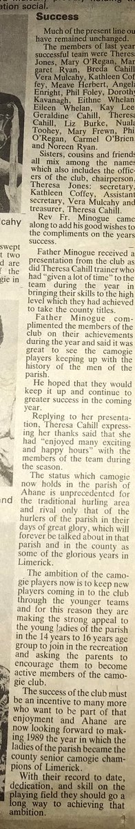 AhaneCamogie's tweet photo. We have a newspaper clipping today which is all about the 1988 Intermediate League and County Double win 👏🏻💚💛 

#CantSeeCantBe 
The article was published in the @Limerick_Leader on the 11th February 1989 https://t.co/JdN3zPwrGX