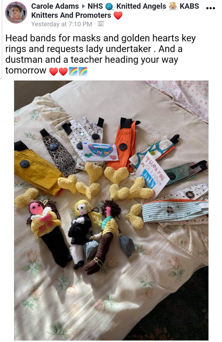 danimoo80's tweet photo. The @NhsKabs community are a talented bunch who will put their hand to all nominations for #keyworkers 💙👼 Member Carole has #knittedwithlove #funeraldirectors #rubbishcollectors and a #teacher sure to #spreadasmile #angelsforangels #staysafe #NHSKABS2020 #nominateamate https://t.co/DLBzTGXq1l