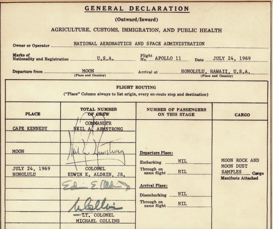 BeschlossDC's tweet photo. Apollo 11 U.S. Customs form after first moon landing by astronauts, 1969: https://t.co/R6ov8s7O2R