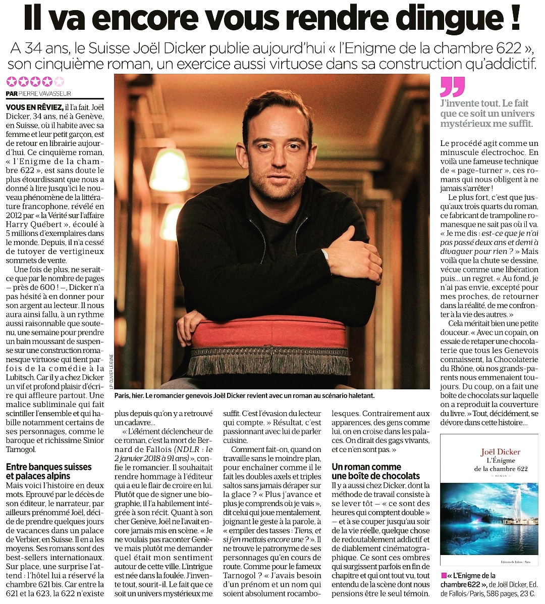 hcdahlem's tweet photo. Pierre Vavasseur a succombé à son tour à "L'énigme de la chambre 622" de Joel Dicker. Dans Le Parisien, il souligne combien ce roman étourdissant est "redoutablenent addictif et diablement cinématographique".
#lenigmedelachambre622 #JoelDicker #editionsdefallois #roman #hcdahlem https://t.co/MuRa8BZbh7