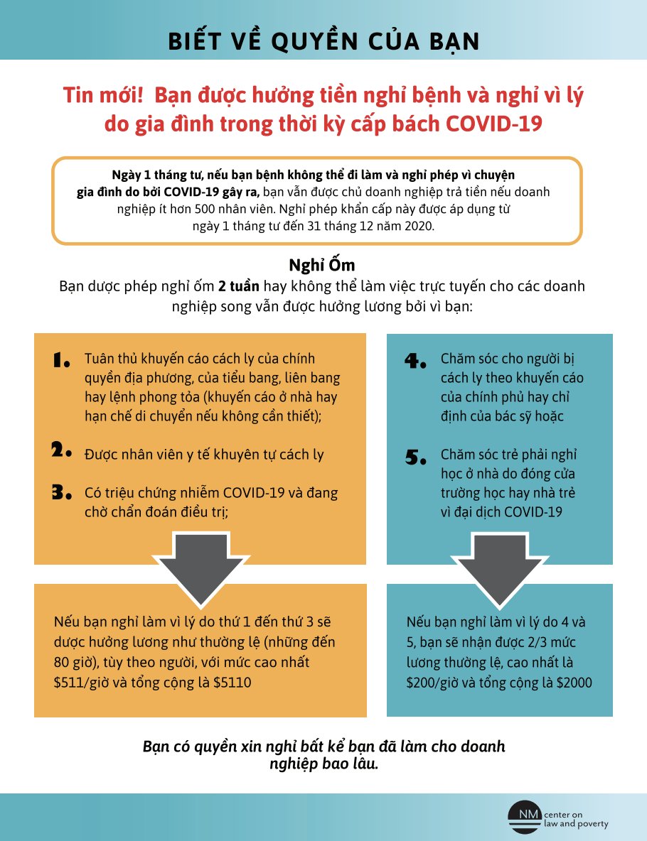 This emergency federal paid sick leave and paid family leave information is also available in Chinese and Vietnamese on our website thanks to help from our partners at  @nmasianfamily.  http://nmpovertylaw.org/workers-rights-covid19/ Please share widely!  #COVID19  #KnowYourRights  #PaidSickLeave