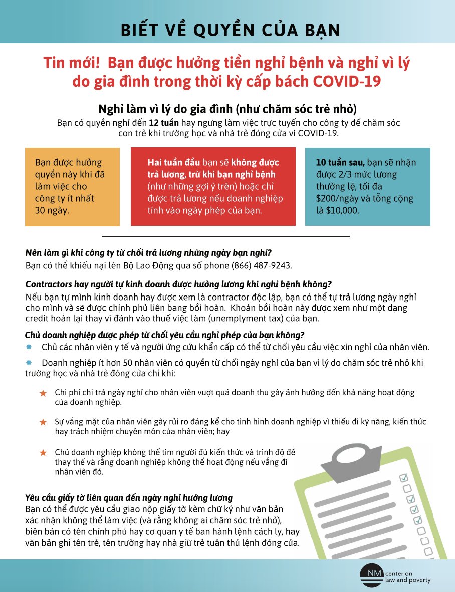 This emergency federal paid sick leave and paid family leave information is also available in Chinese and Vietnamese on our website thanks to help from our partners at  @nmasianfamily.  http://nmpovertylaw.org/workers-rights-covid19/ Please share widely!  #COVID19  #KnowYourRights  #PaidSickLeave