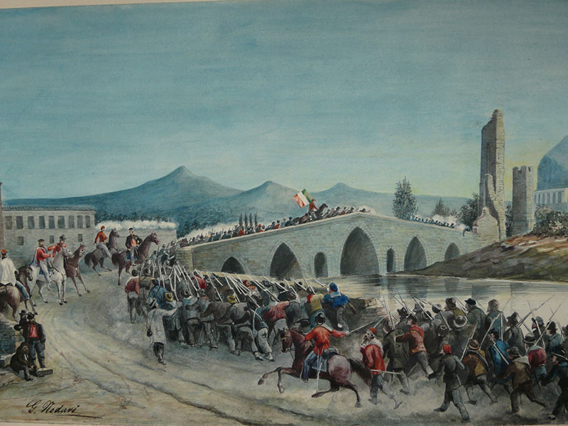The roughly 200 Bourbon troops guarding the bridge opened fire, causing some of the volunteers to flee. However, the rest of the volunteers and the 'Cacciatori delle Alpi' returned fire and, after being reinforced, succeeded in forcing the enemy to abandon the bridge >> 116