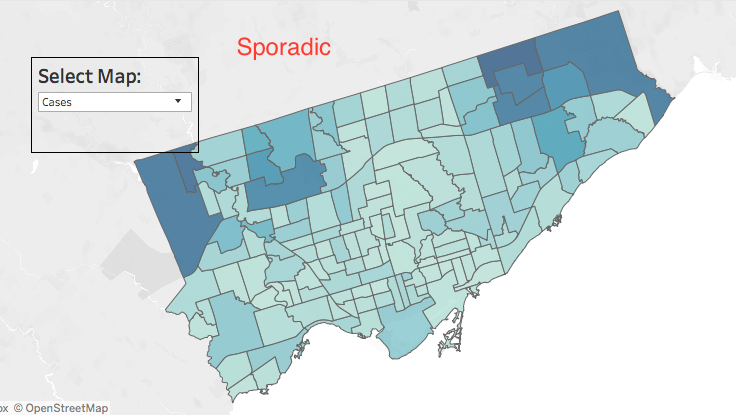 You can actually filter the city’s map by sporadic cases (spread in community) versus outbreaks (spread in close spaces like long-term care homes & shelters).  https://www.toronto.ca/home/covid-19/covid-19-latest-city-of-toronto-news/covid-19-status-of-cases-in-toronto/