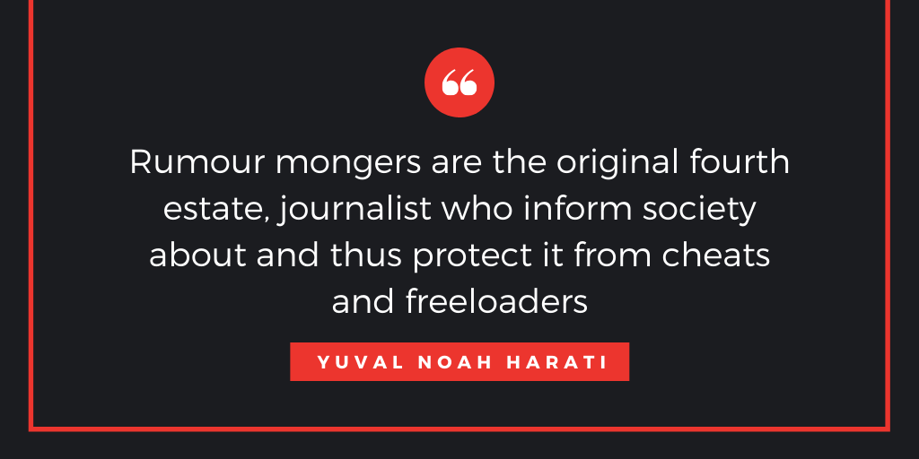 SocialPol2's tweet photo. One of the important #books of our #time .  The simplicity with which @harari_yuval explains human evolution. In this time we are seeing the damaging effect of #fakenews whereas this particular quote highlights the importance of #gossip and makes us #Sapiens &amp; #social as we are! https://t.co/OT7V0xctwj