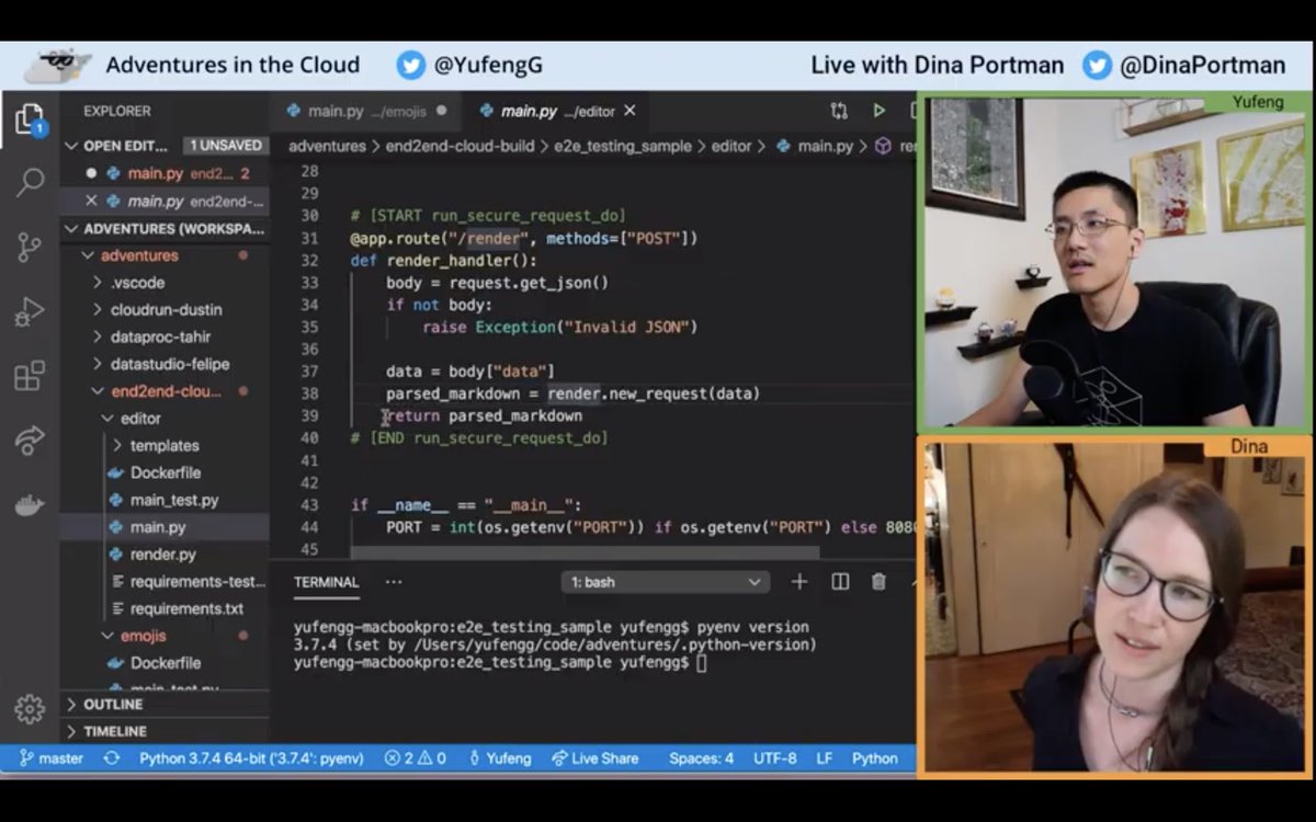 dharadoshi's tweet image. Wonderful livestream on End to End testing with #CloudBuild #cloudrun ⁦@yufengg⁩ ⁦@DinaPortman⁩ Thanks for doing this😀. Loved the Emojizer demo👏 #Learningathome #GoogleCloud #developers #programmers #WomenWhoCode